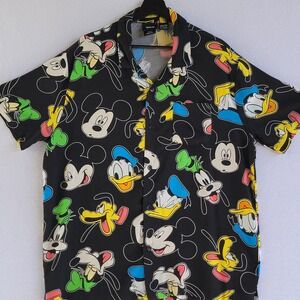 Disney Mickey Donald Goofy Pluto Rayon Button Up Shirt Mens XL All Over Print